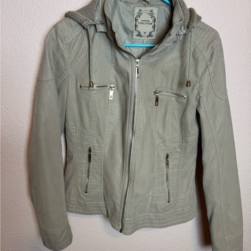 Downtown Coalition Faux leather Moto Hooded Jacket Med Taupe